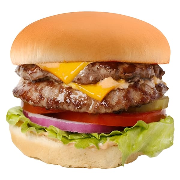 A Cali Style Burger with two patties, melted cheese, lettuce, tomato, onion, and pickles.