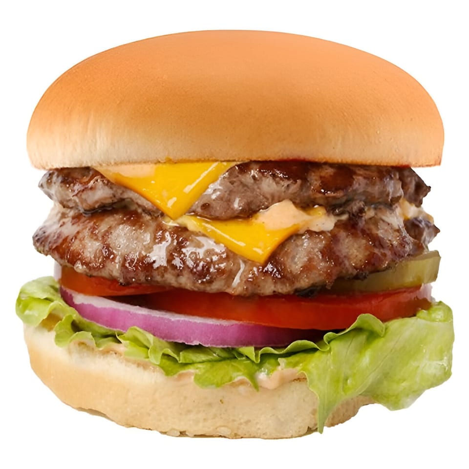 A Cali Style Burger with two patties, melted cheese, lettuce, tomato, onion, and pickles.