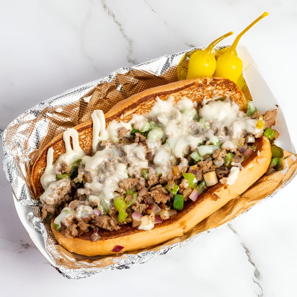 Cali Style Burger's cheesesteak sandwich with meat, peppers, onions, and melted cheese, served with two yellow peppers.