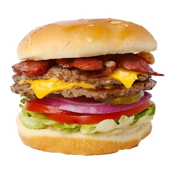 A double Cali Style Burger with cheese, bacon, lettuce, tomato, onion, and pickles on a sesame bun.