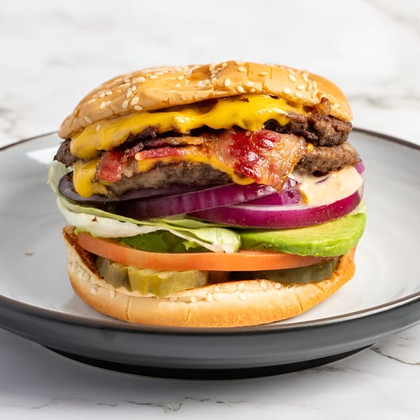A Cali Style Burger with cheese, bacon, red onion, avocado, tomato, and pickles on a sesame bun.