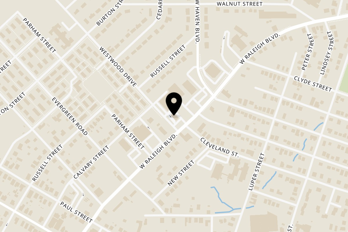 Map showing the location of Cali Style Burger Rocky Mount on 886 W Raleigh Blvd in Rocky Mount